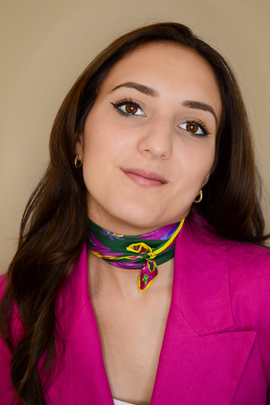 Trópico silk scarf detail — hand-illustrated tropical birds and flowers, 51cm