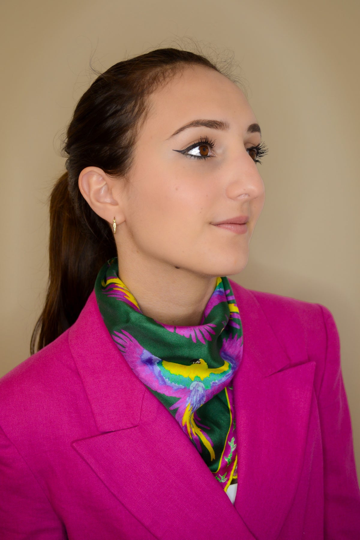 Trópico silk scarf — hand-painted macaws and tropical botanicals on 100% silk twill