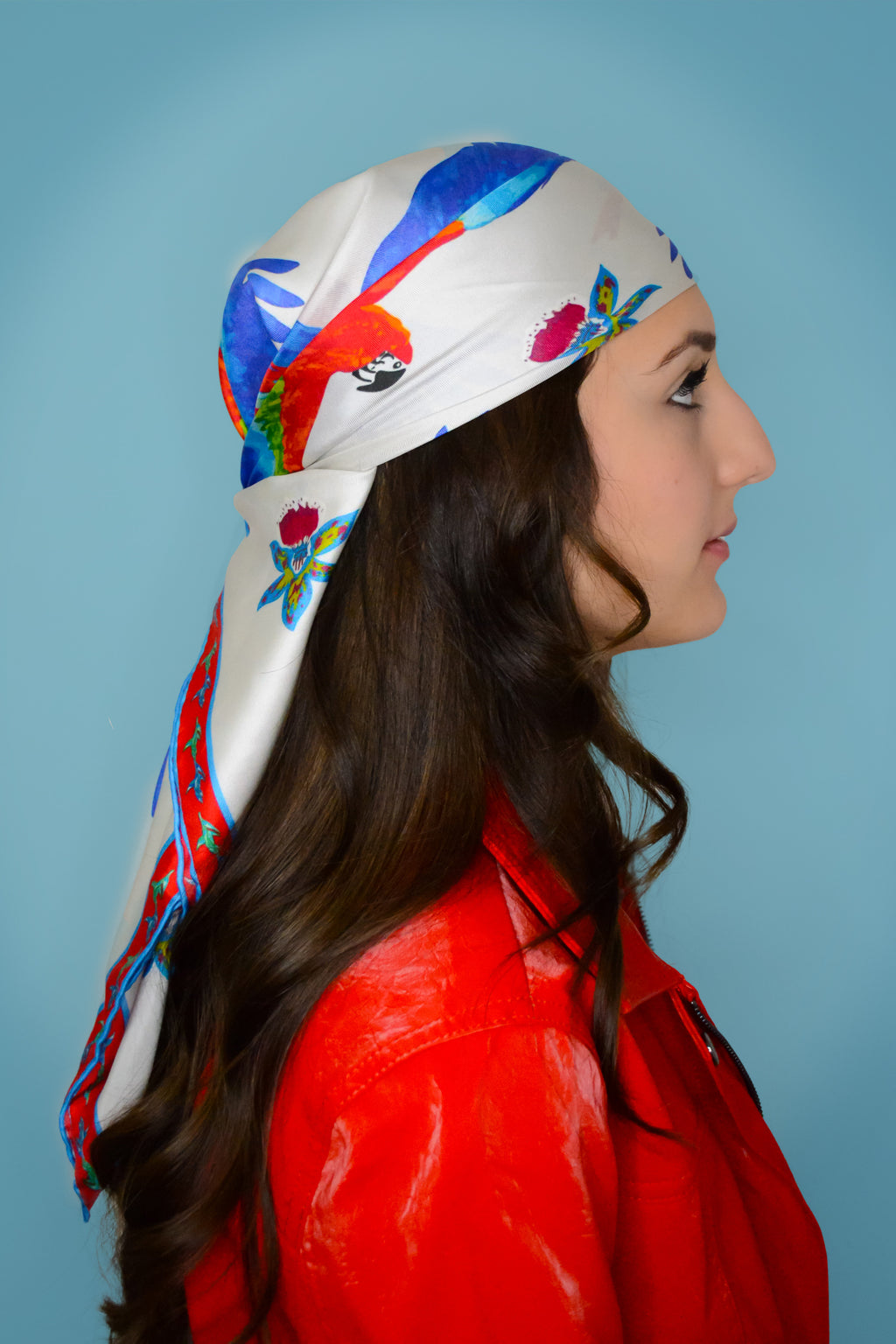 Orquídea silk scarf detail — hand-painted orchid motif, 51cm square