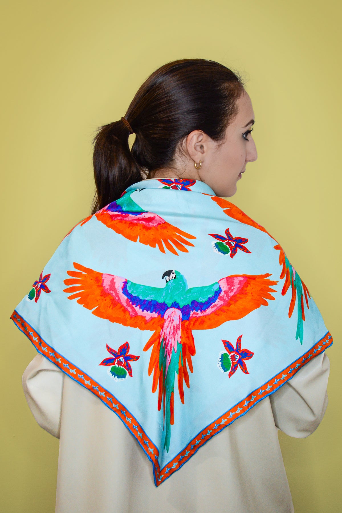 Fuego silk scarf — hand-painted sunset and ocean print on 100% silk twill