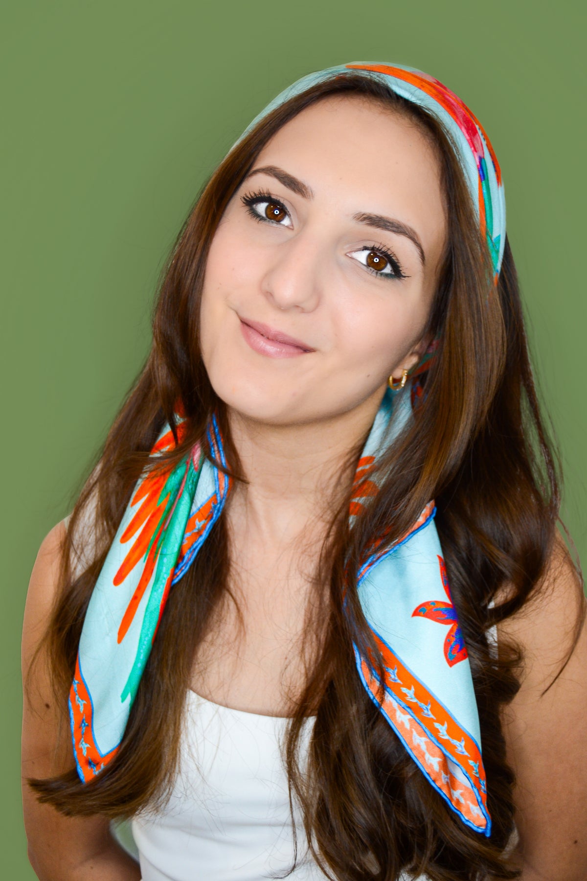 Fuego silk scarf styled on model — hand-painted wearable art by Barbara Vargas
