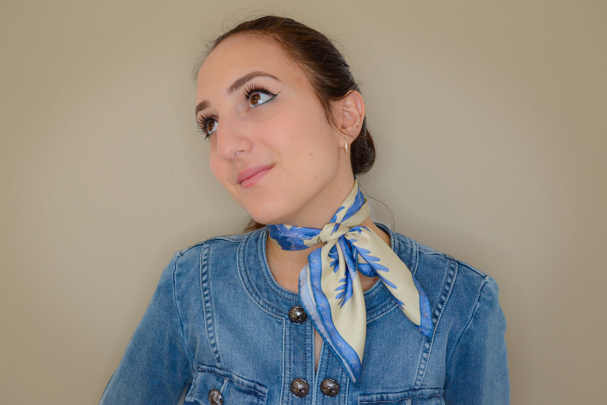 Selva silk scarf styled on model — hand-illustrated botanical art scarf, New York