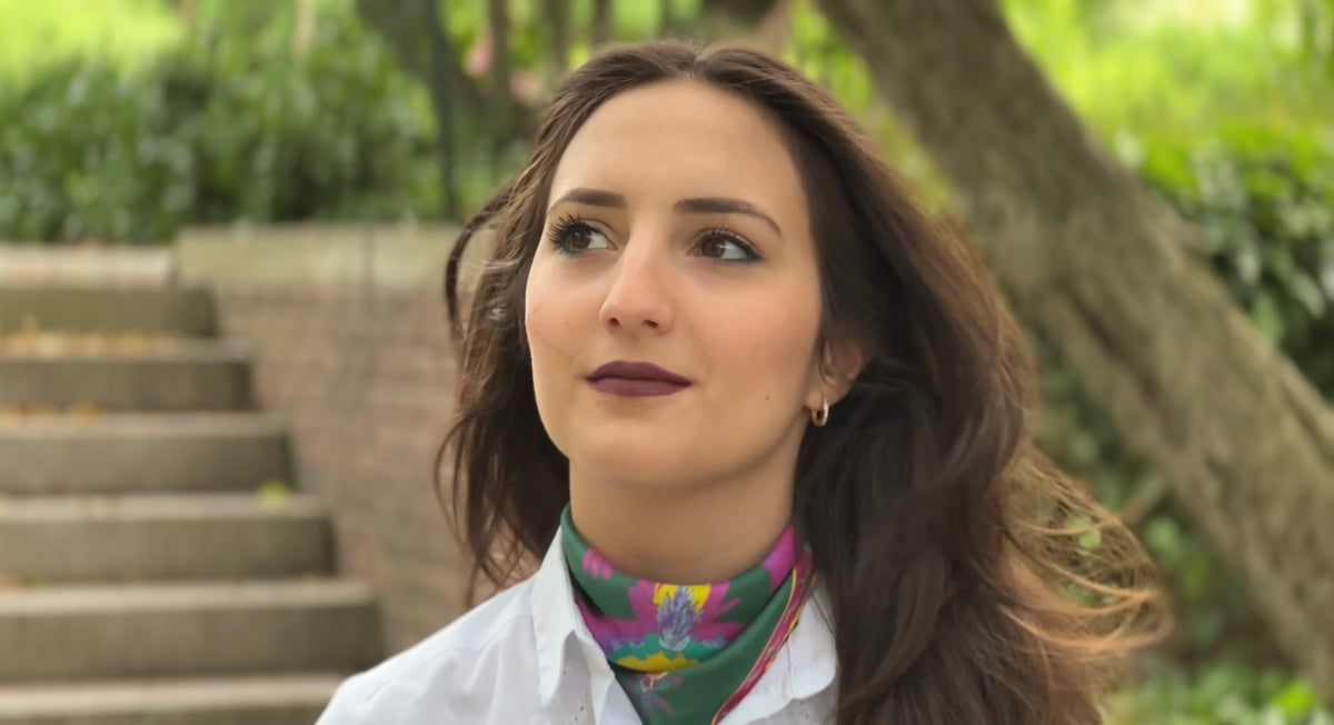 Trópico silk scarf styled — hand-illustrated wearable art, Alma Tropical by Mali Collection