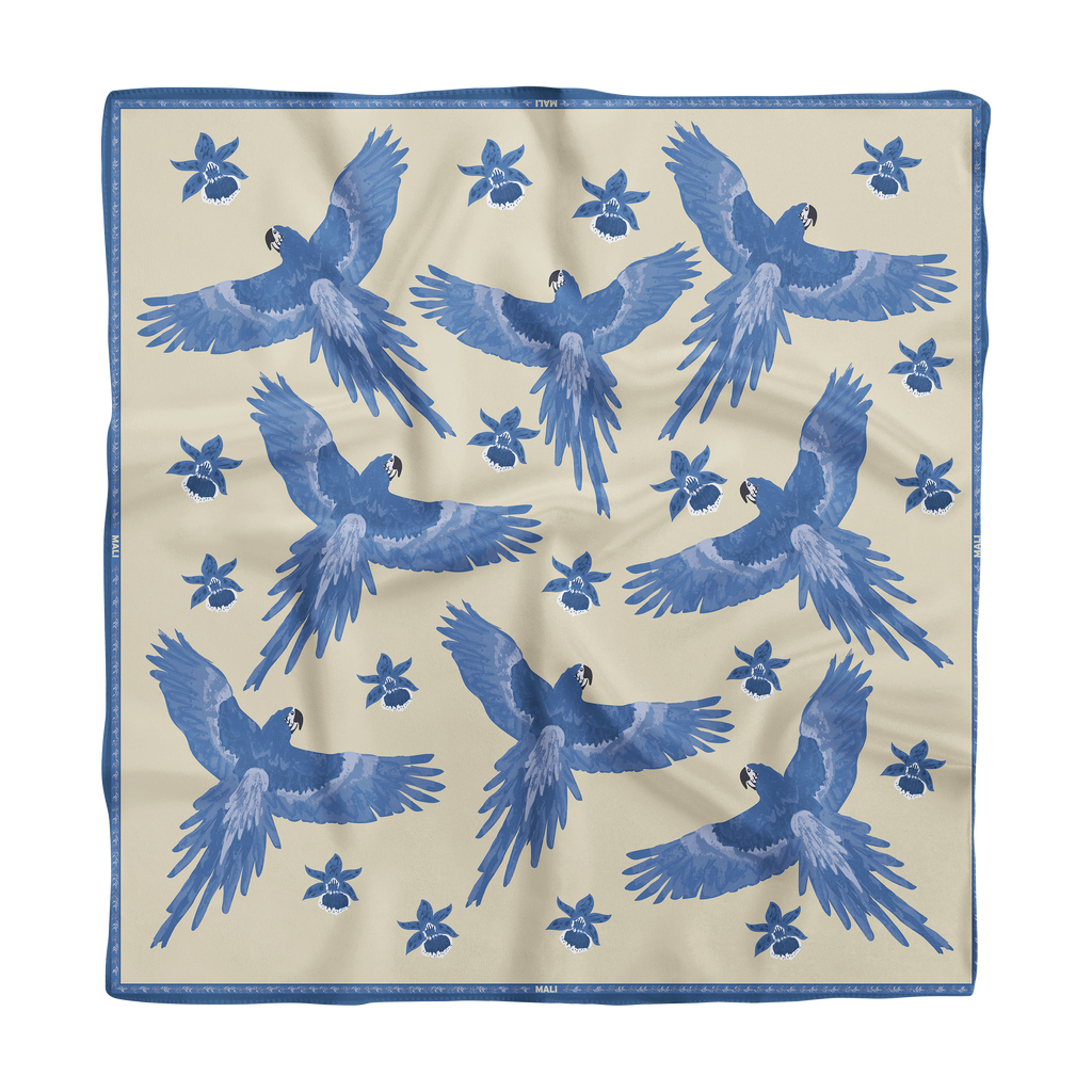 Selva silk scarf worn as neck scarf — Alma Tropical collection, Mali Collection