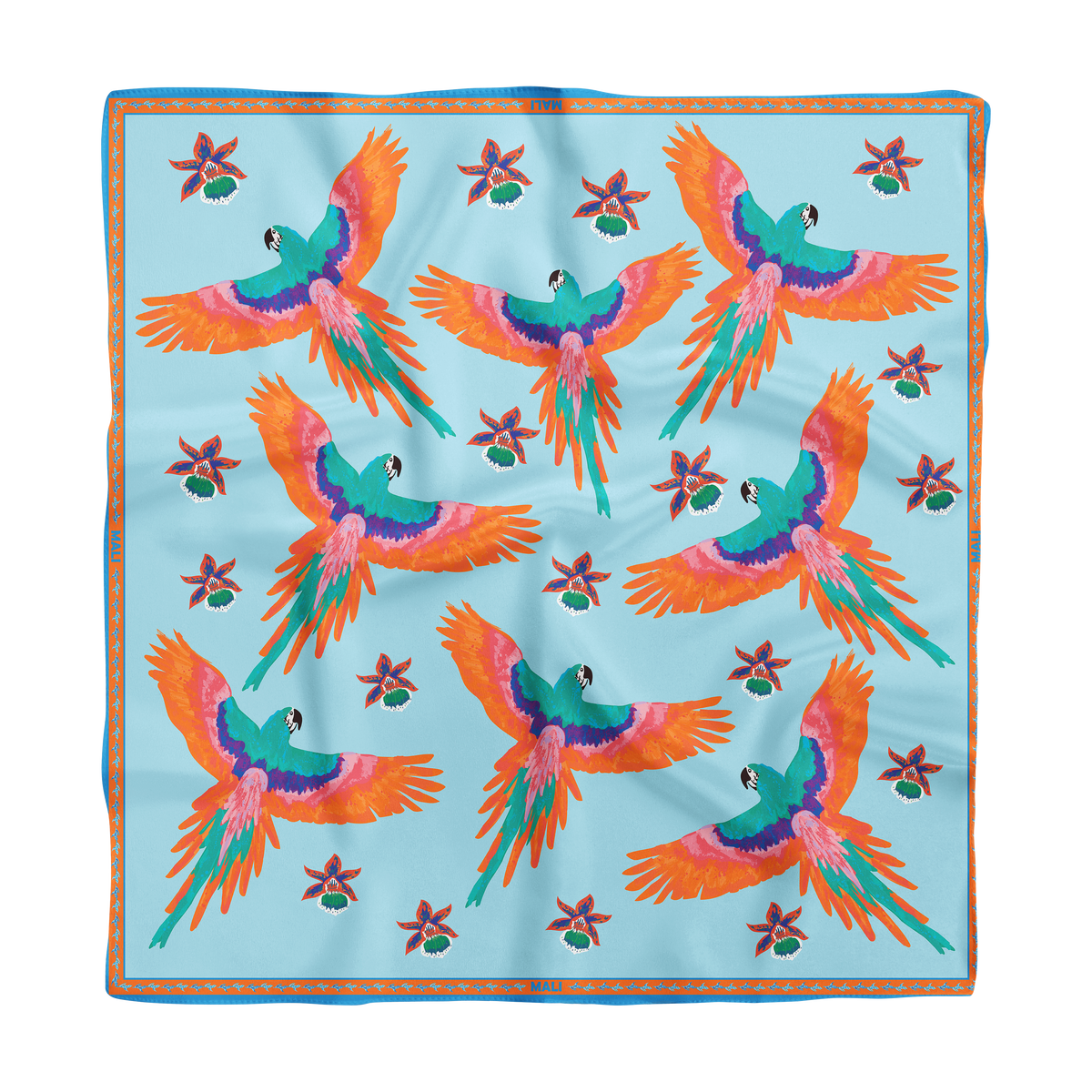 Fuego silk scarf worn as neck scarf — Alma Tropical collection, Mali Collection