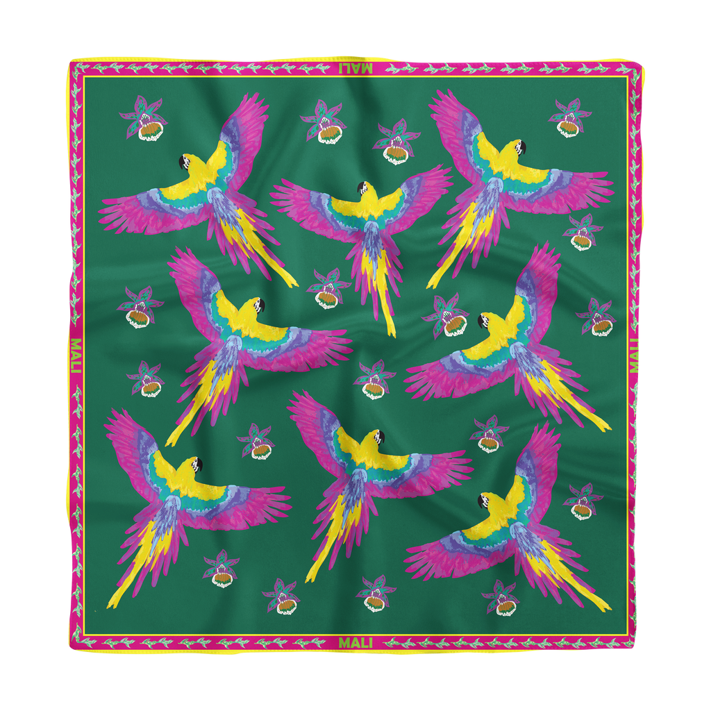Trópico silk scarf worn as neck scarf — Alma Tropical collection, Mali Collection