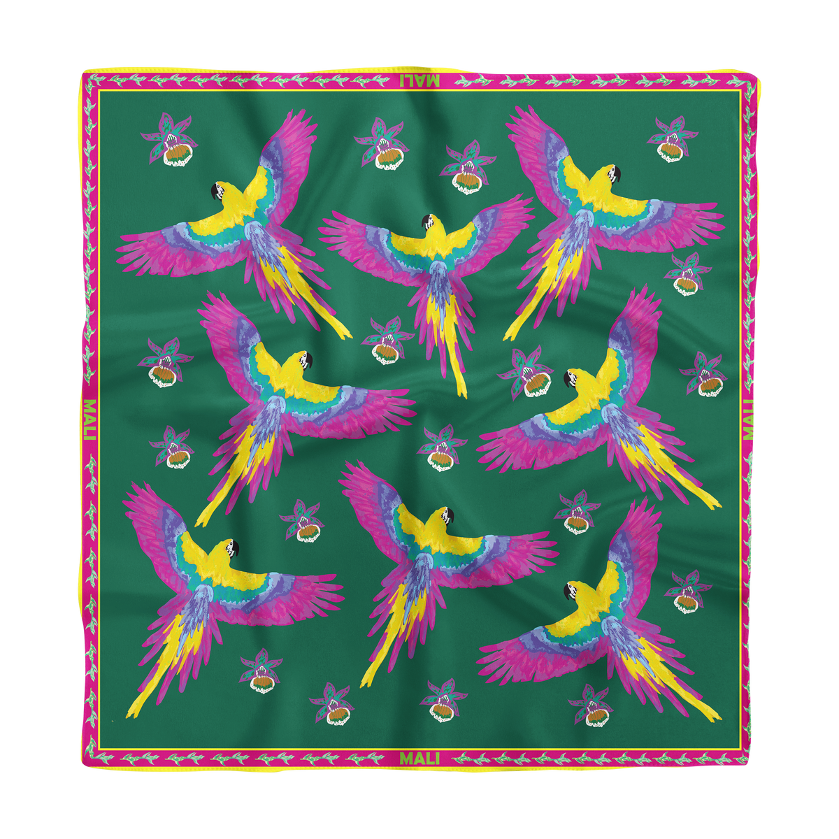 Trópico silk scarf worn as neck scarf — Alma Tropical collection, Mali Collection
